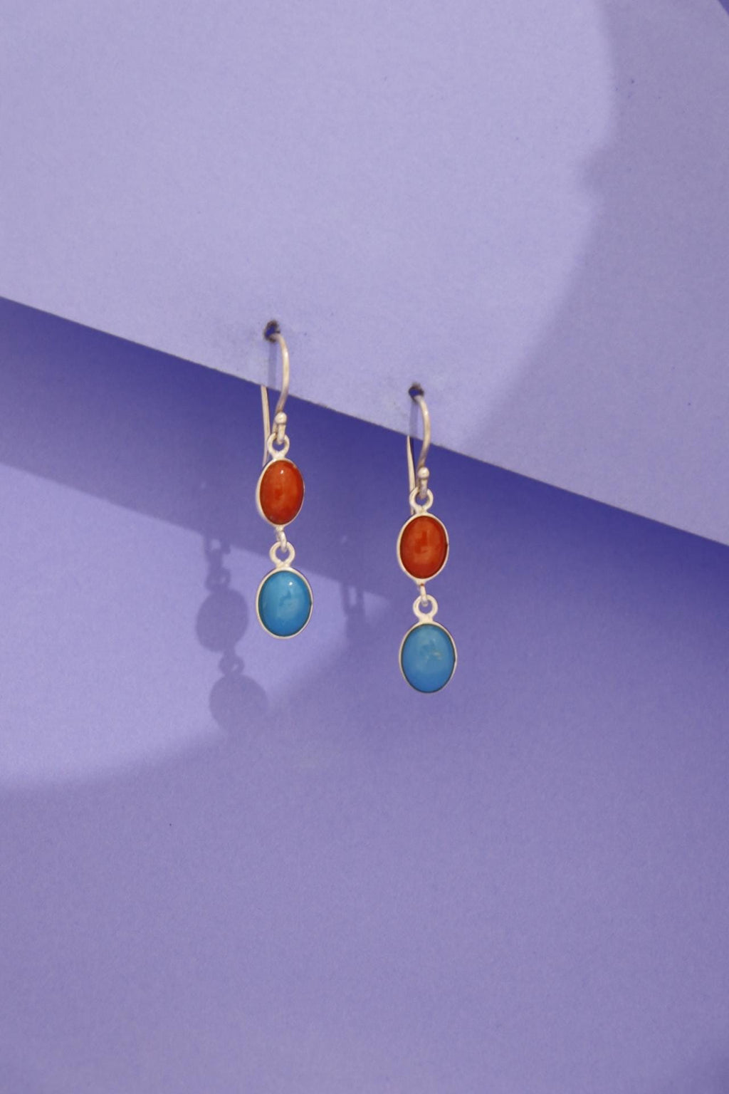 Red Coral Turquoise Oval Drop Earrings | 925 Sterling Silver Dangle Gemstone Jewelry