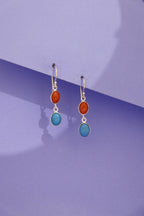 Red Coral Turquoise Oval Drop Earrings | 925 Sterling Silver Dangle Gemstone Jewelry