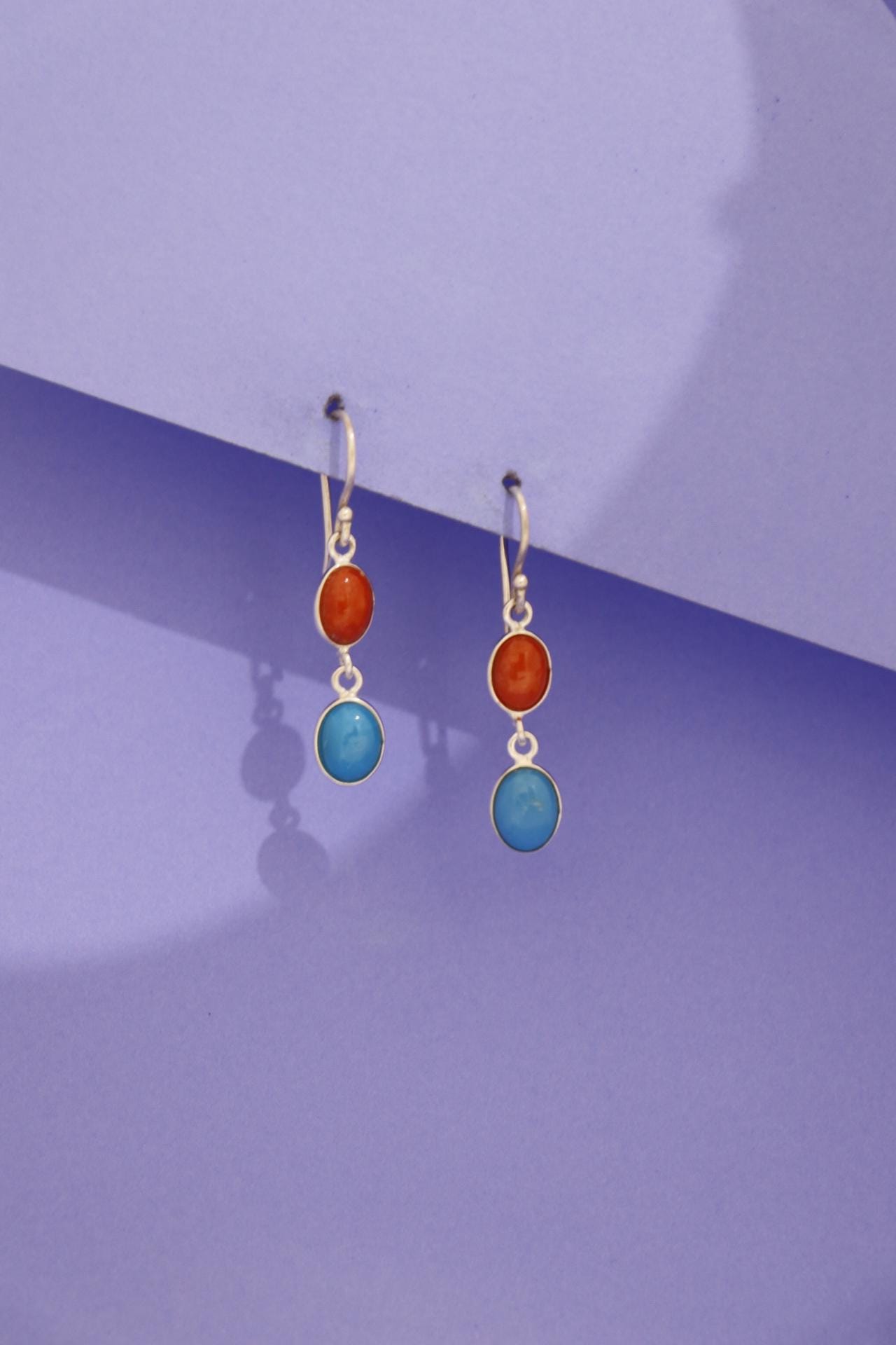 Red Coral Turquoise Oval Drop Earrings | 925 Sterling Silver Dangle Gemstone Jewelry