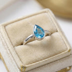 Blue Topaz Pear Ring – 925 Sterling Silver, Faceted Gemstone Solitaire, Handmade December Birthstone Gift