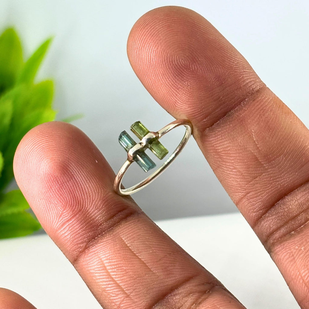 Raw Green & Blue Tourmaline Sterling Silver Ring: Modern Stacking Jewelry
