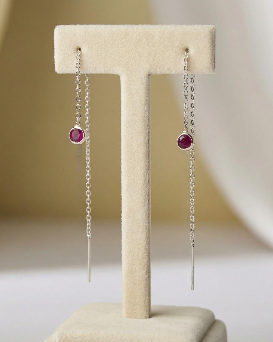 Ruby Threader Earrings 925 Sterling Silver | Dainty Chain Drop | July Birthstone | Minimalist Jewelry