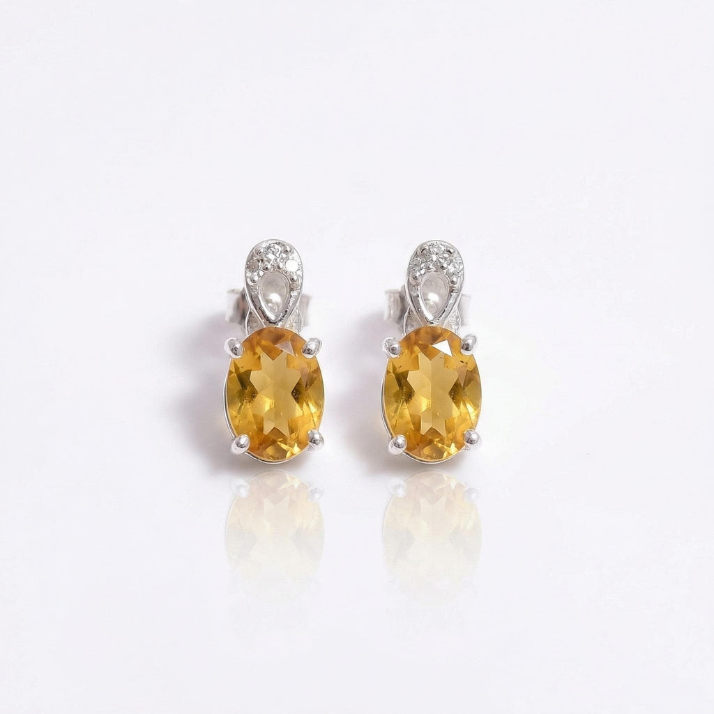 Citrine CZ Stud Earrings 925 Sterling Silver | Oval Gemstone Studs | November Birthstone | Minimalist Jewelry