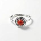Round Red Coral Ring: Handmade 925 Sterling Silver Boho Statement