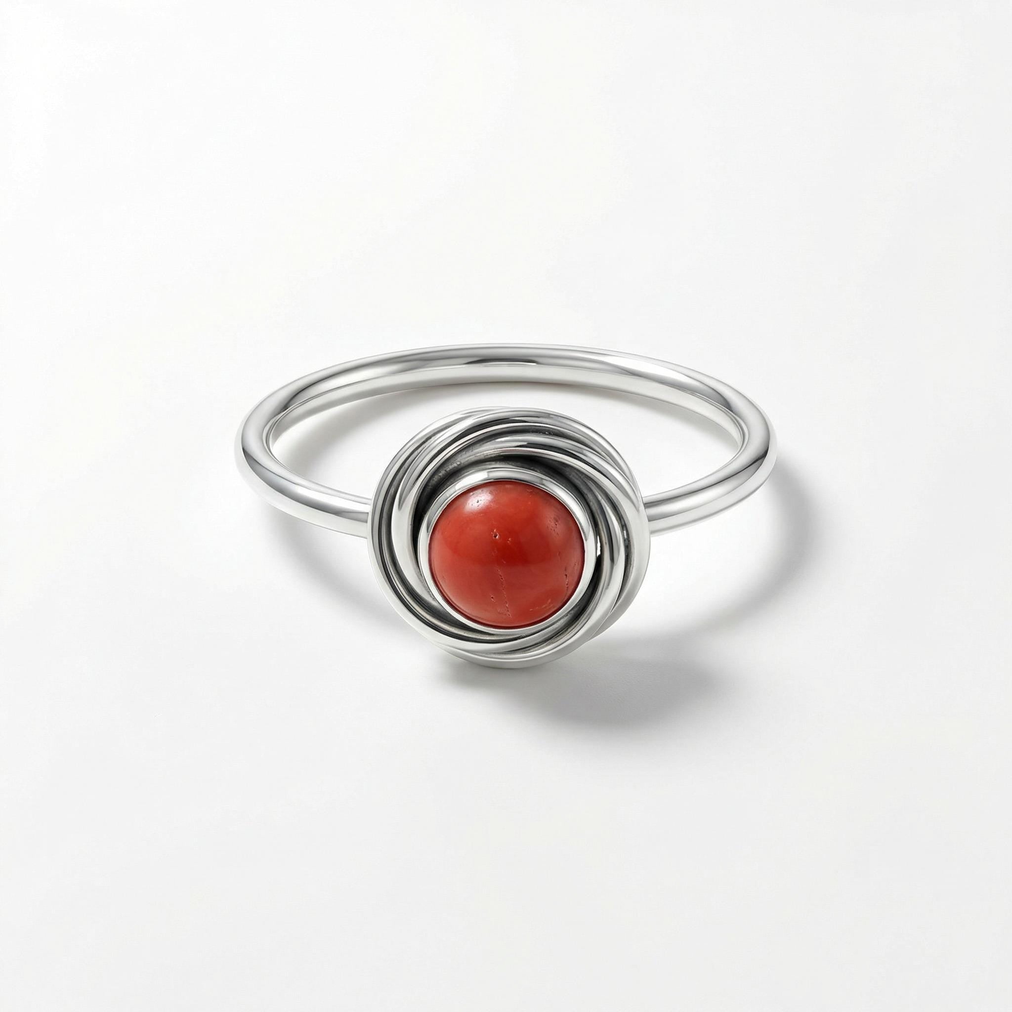 Round Red Coral Ring: Handmade 925 Sterling Silver Boho Statement