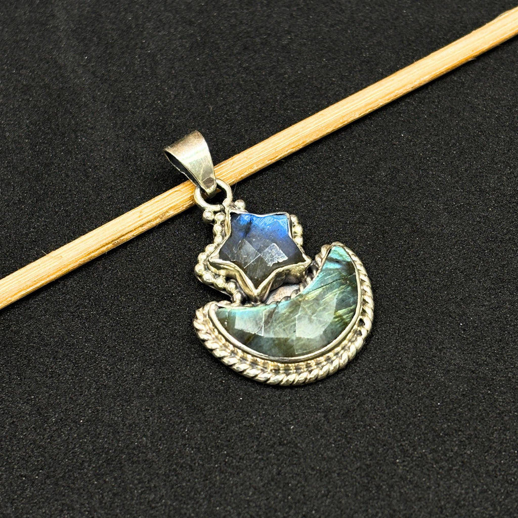 Labradorite Star and Moon Pendant: Sterling Silver Celestial Necklace