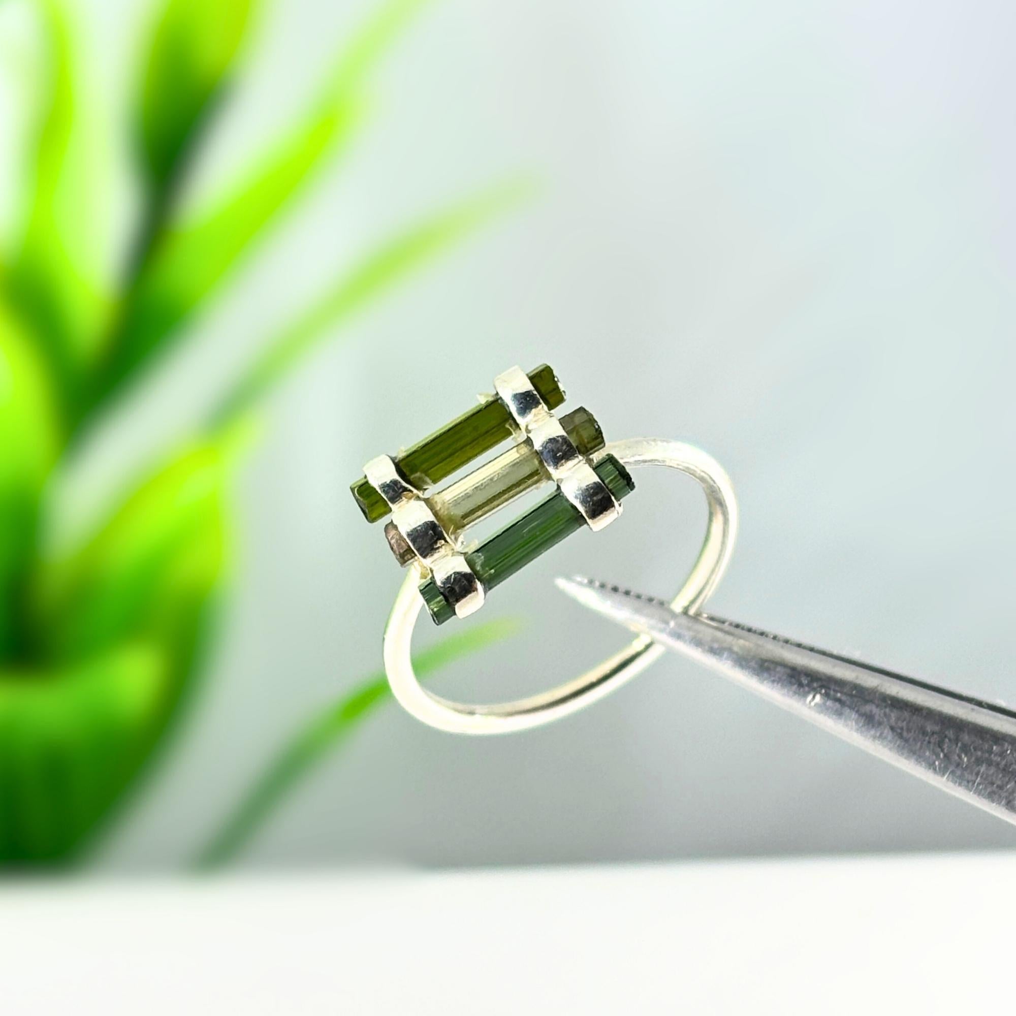 Raw Green Tourmaline Sterling Silver Ring: Handmade Open Band Jewelry