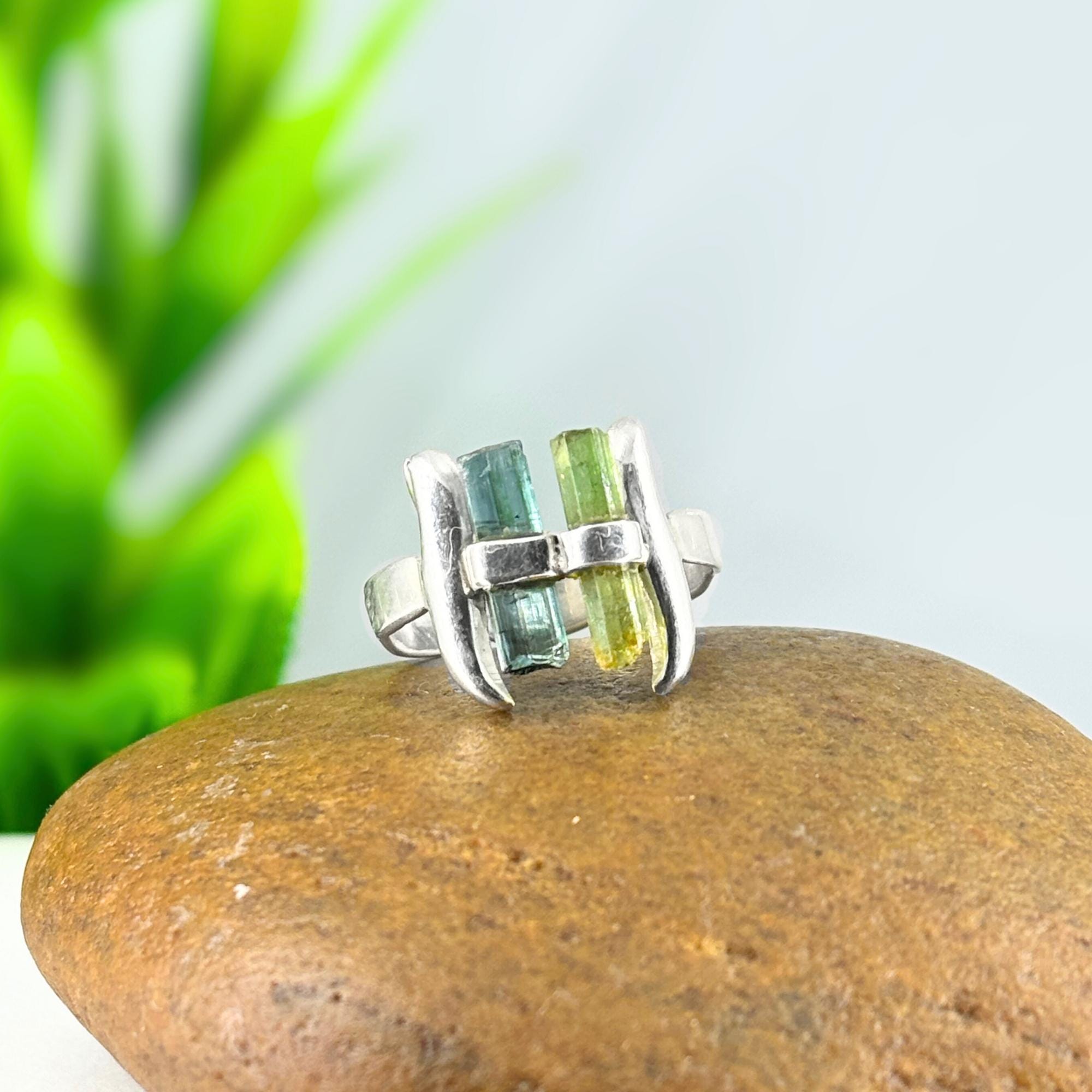 Raw Green & Blue Tourmaline Sterling Silver Ring: Modern Stacking Jewelry