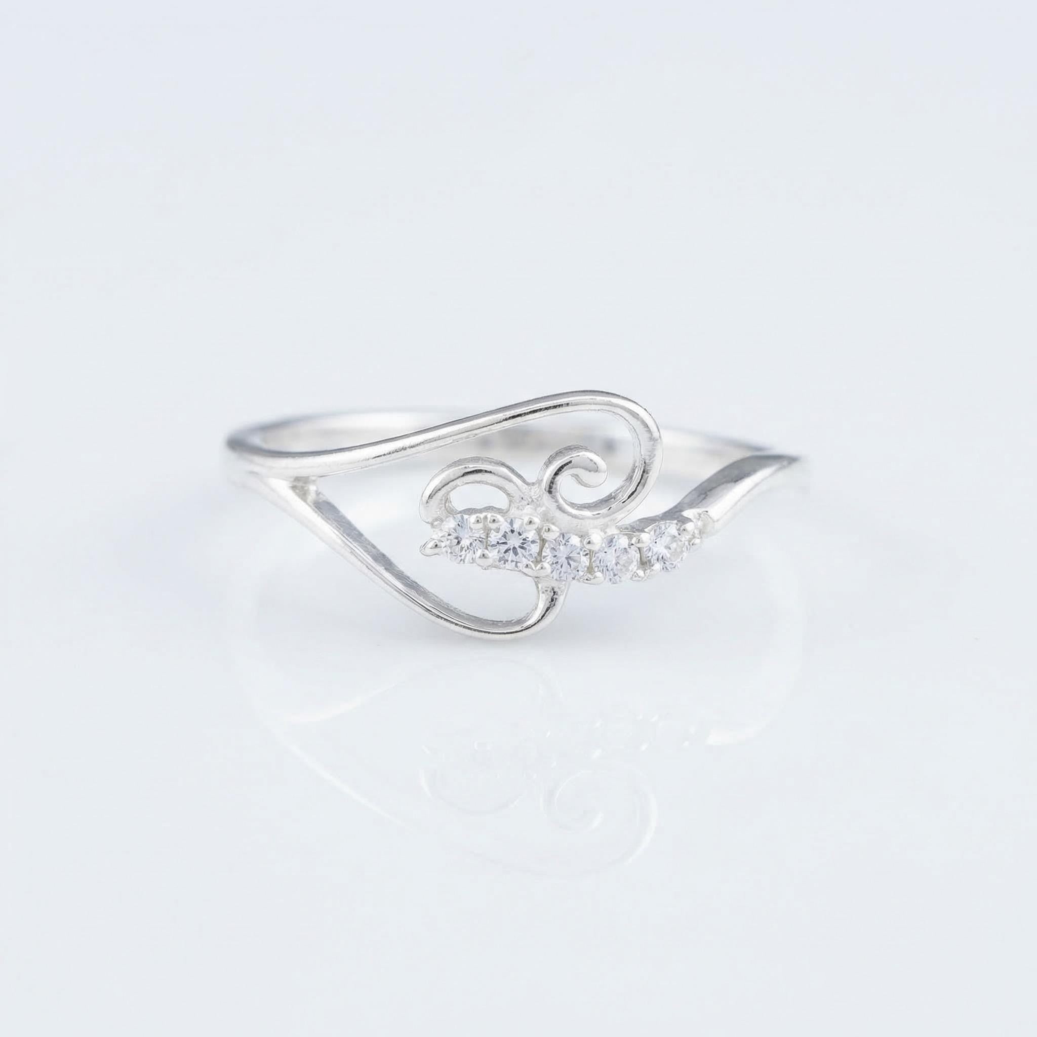 Silver CZ Swirl Leaf Ring, Minimalist Nature Inspired Open Band Jewelry