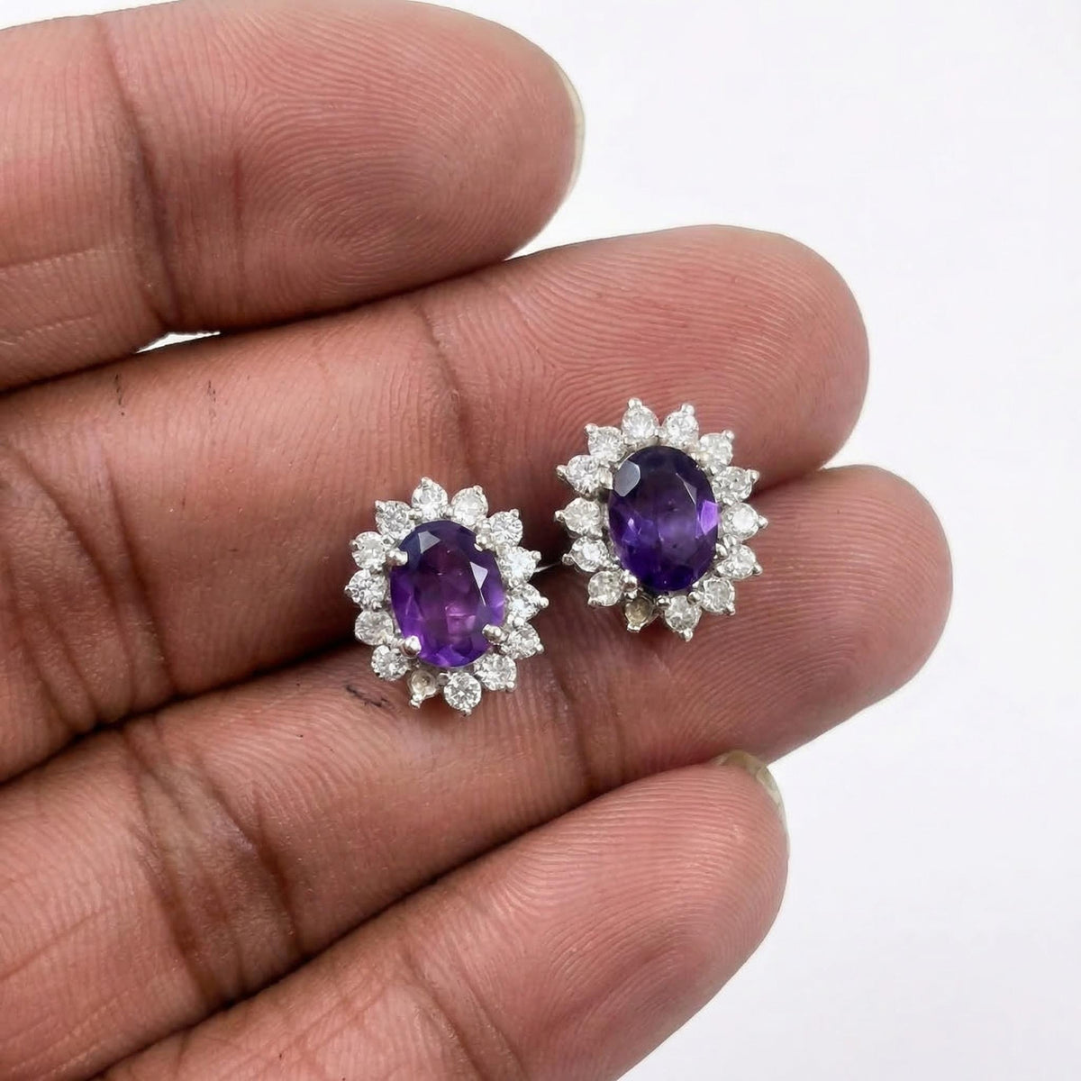 Amethyst CZ Stud Earrings 925 Sterling Silver | Oval Gemstone Studs | February Birthstone | Handmade Jewelry