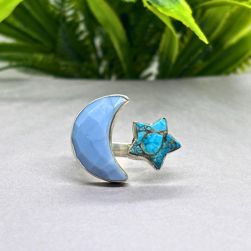 Turquoise Star & Blue Opal Moon Ring: 925 Sterling Silver Celestial Jewelry