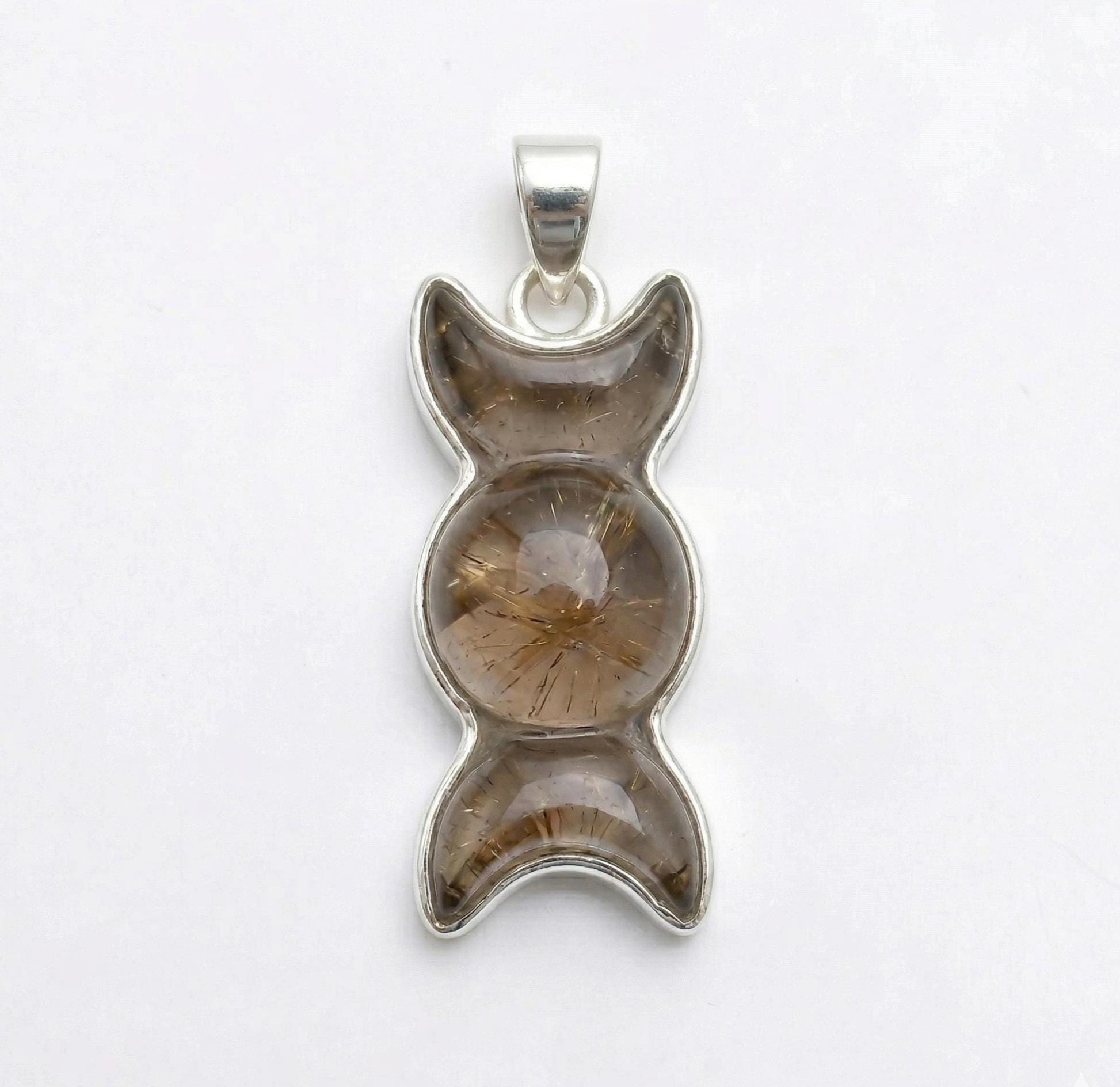 Triple Moon Smoky Quartz Sterling Silver Pendant - Mystical Triple Goddess Phase