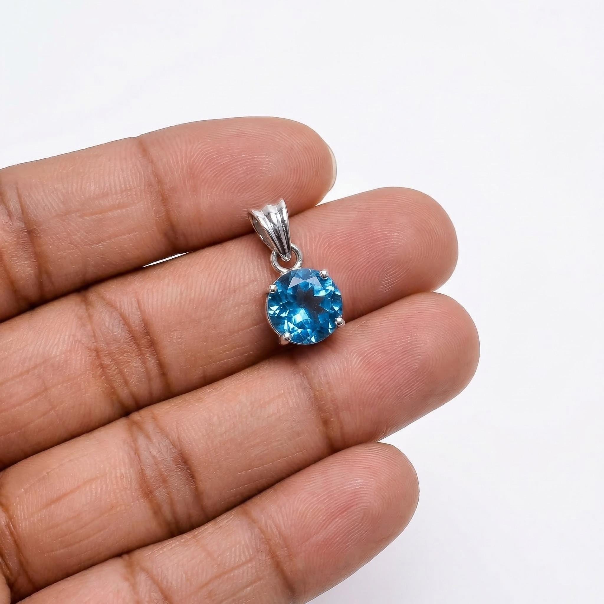 Sterling Silver Round Blue Topaz Pendant – December Birthstone, Natural Gemstone Jewelry
