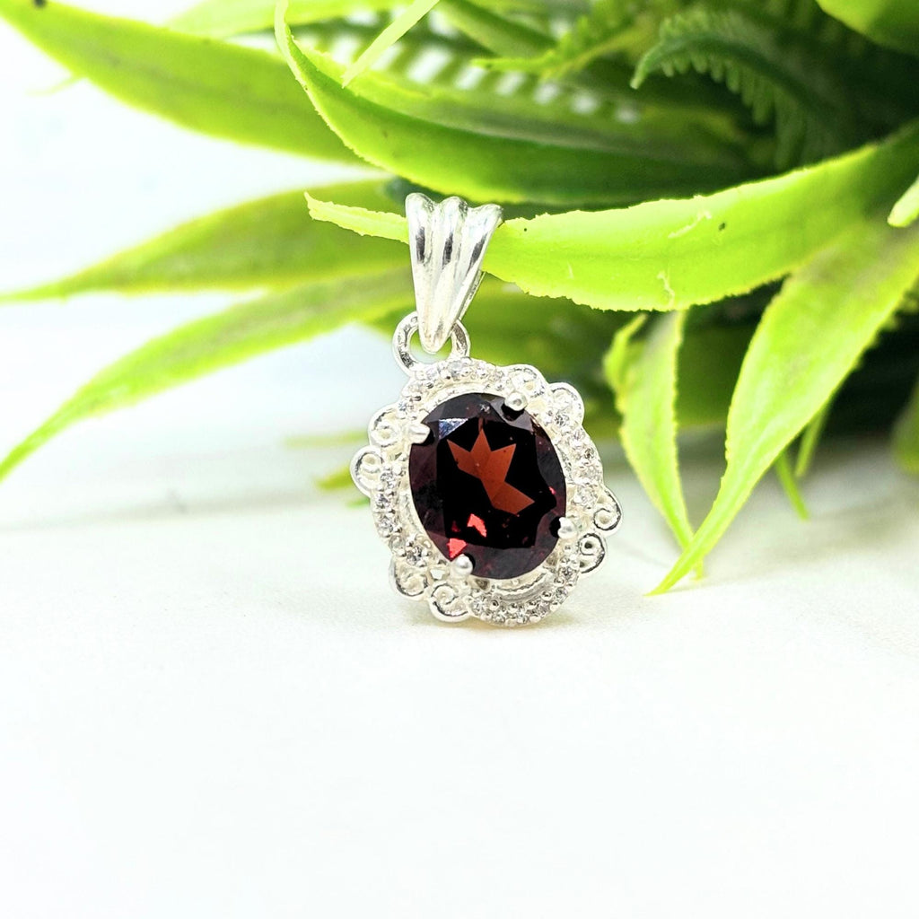 Garnet CZ Halo Pendant in 925 Sterling Silver – Vintage Style Oval Red Gemstone Necklace, January Birthstone Jewelry Gift for Her