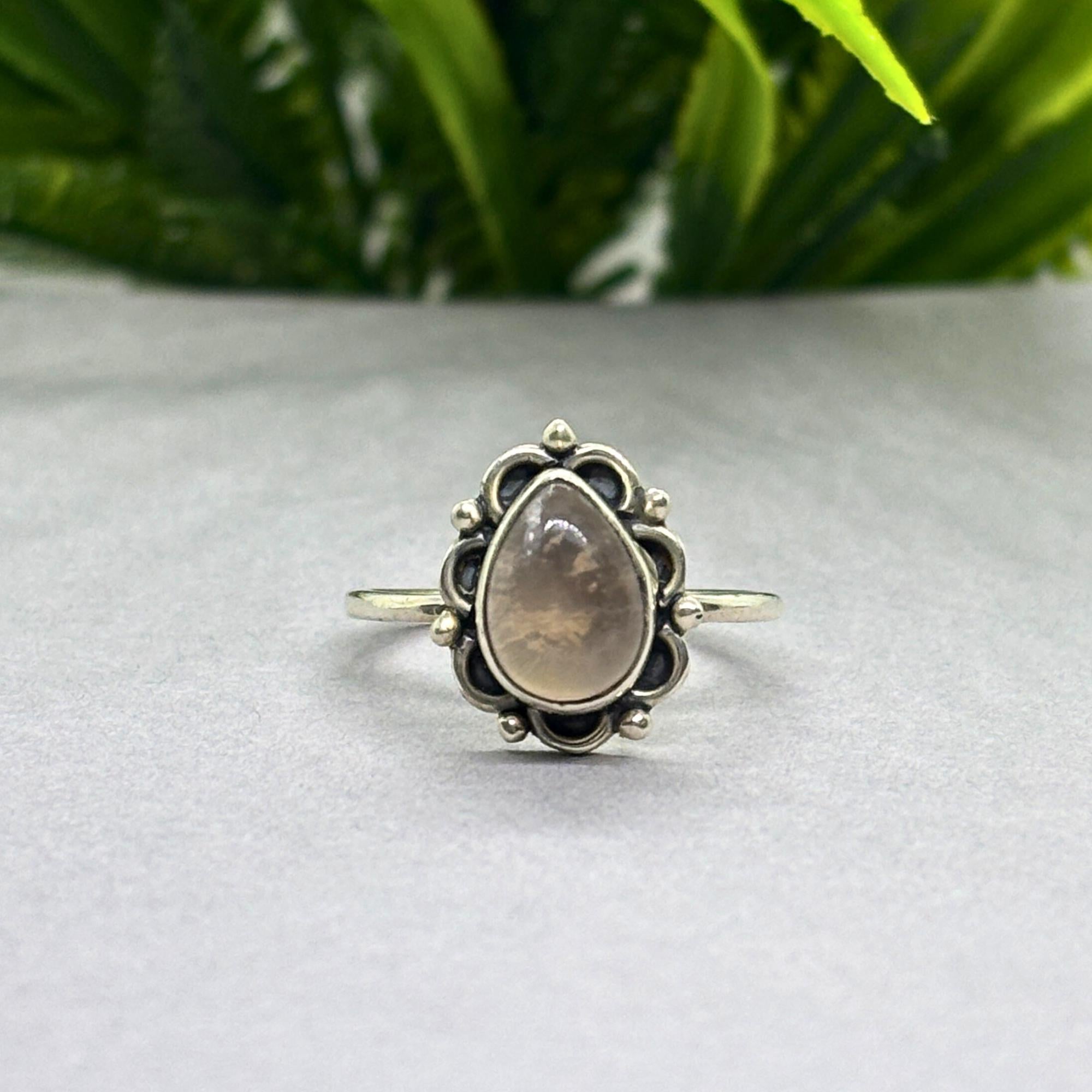 Rose Quartz Pear Ring: Handmade Sterling Silver Boho Jewelry