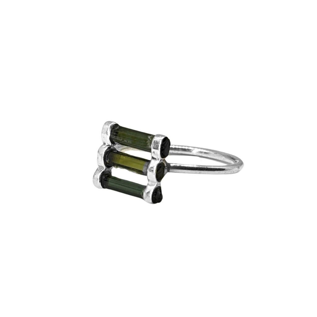 Raw Green Tourmaline Bar Ring: Sterling Silver Stacking Gemstone