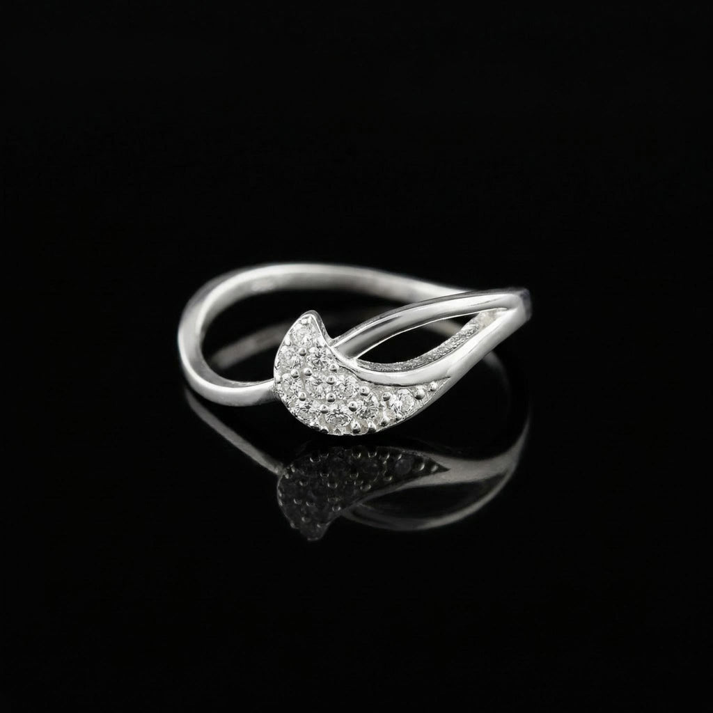 Sterling Silver CZ Wave Ring, Pavé Crescent Dainty Band, Stackable Jewelry