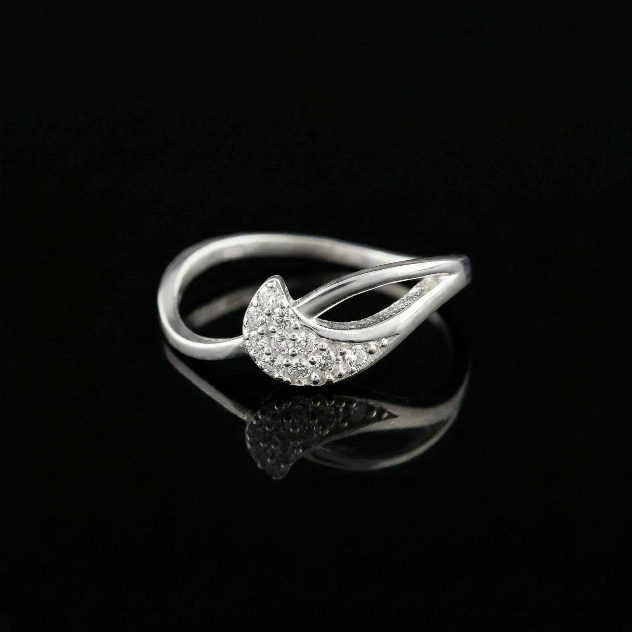 Sterling Silver CZ Wave Ring, Pavé Crescent Dainty Band, Stackable Jewelry