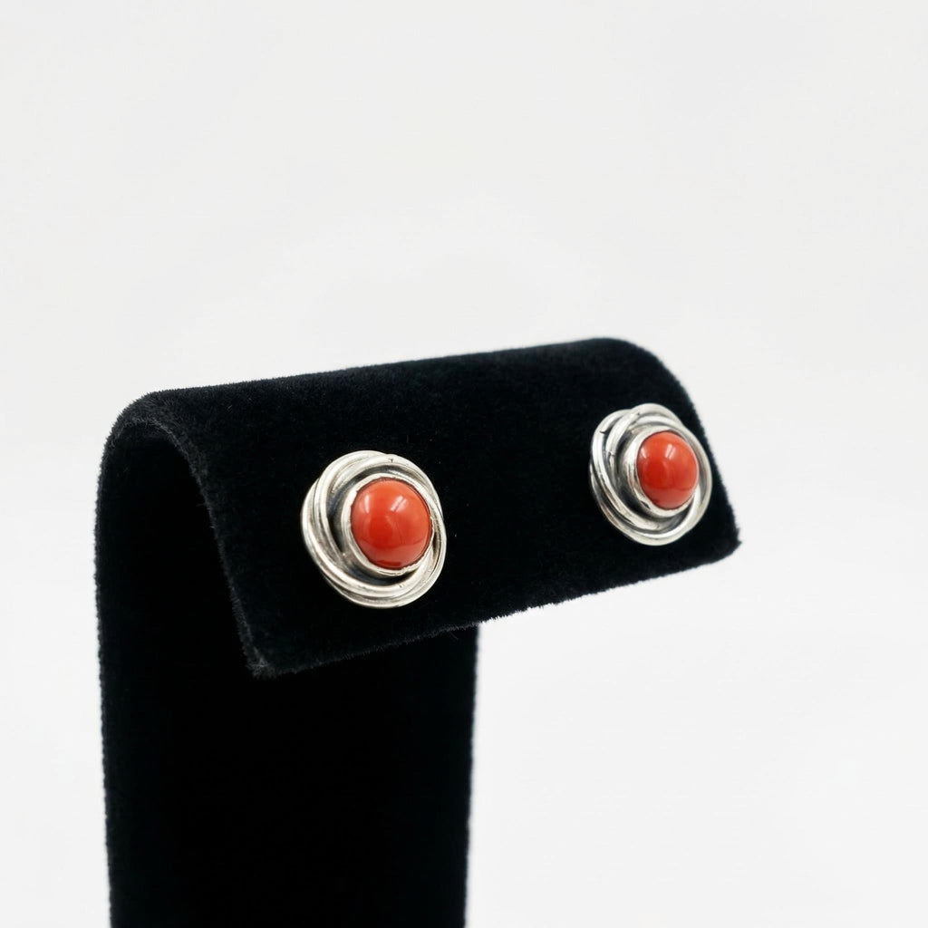 Red Coral Round Stud Earrings 925 Sterling Silver | Gemstone Studs | January Birthstone | Handmade Jewelry