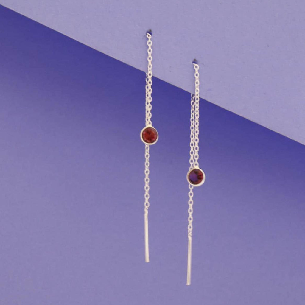 Garnet Threader Earrings 925 Sterling Silver | Dainty Chain Drop | January Birthstone | Minimalist Jewelry