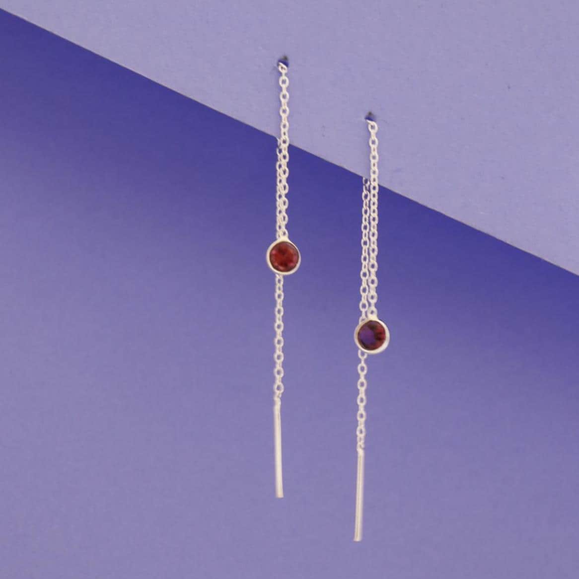 Garnet Threader Earrings 925 Sterling Silver | Dainty Chain Drop | January Birthstone | Minimalist Jewelry