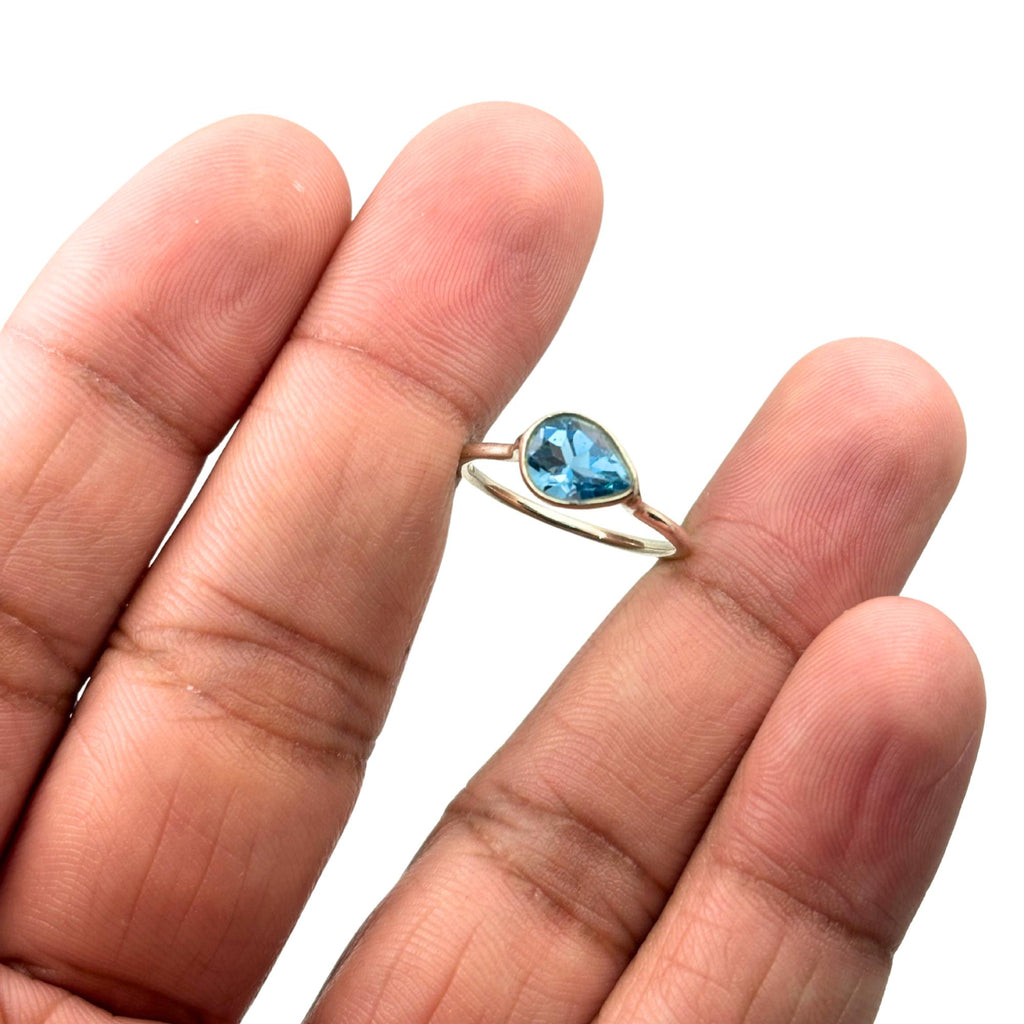 Blue Topaz Pear Ring – 925 Sterling Silver, Faceted Gemstone Solitaire, Handmade December Birthstone Gift