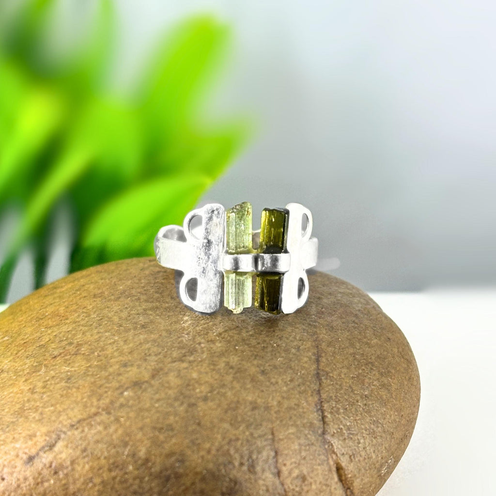 Raw Green Tourmaline Bar Sterling Silver Ring | Handmade Gemstone Stacking Ring | Minimalist Modern Jewelry