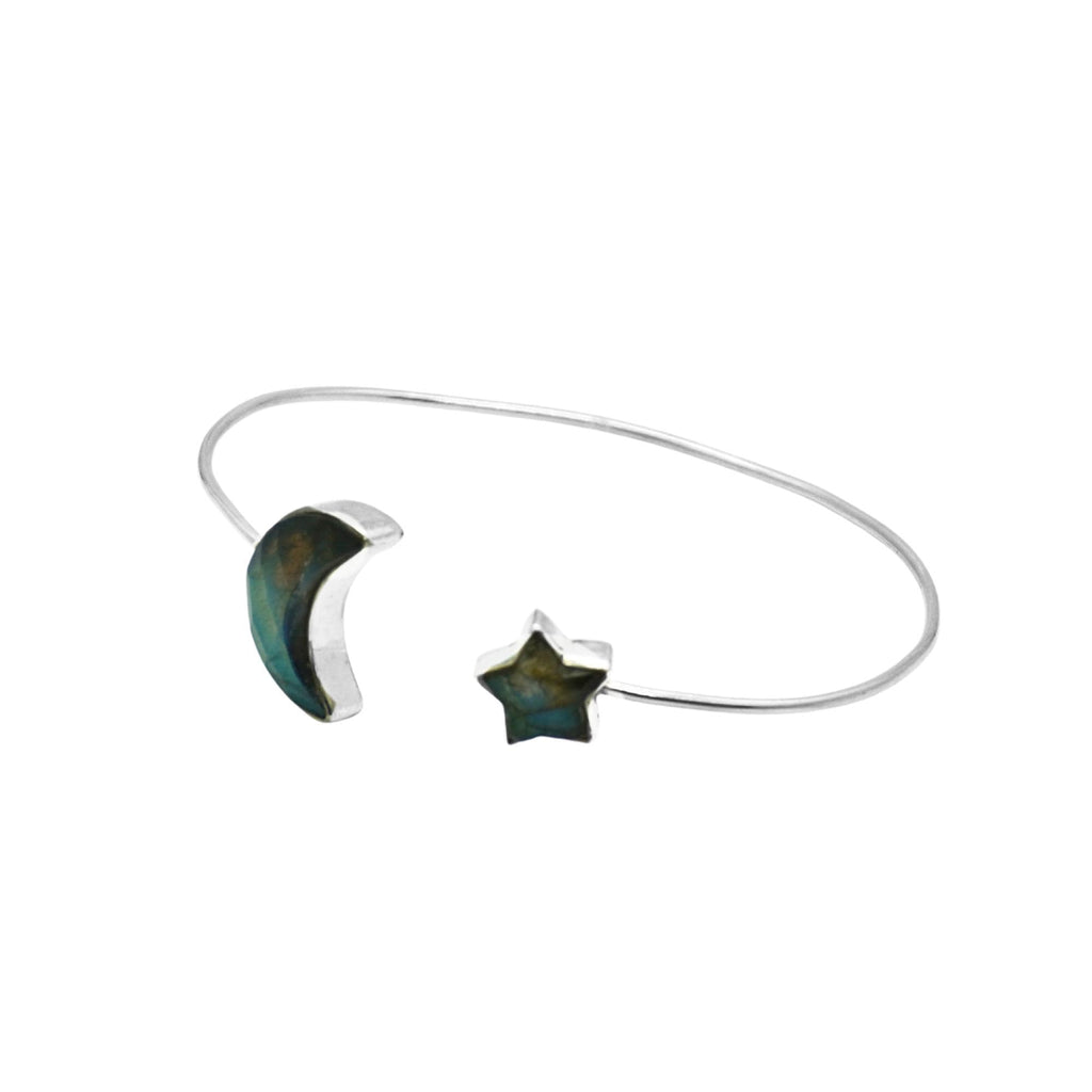 Sterling Silver Labradorite Moon Star Cuff Bangle | Celestial Boho Adjustable Bracelet