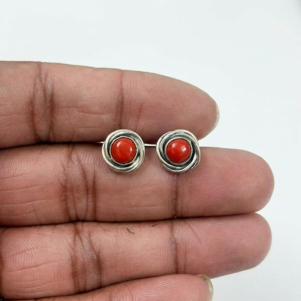 Red Coral Round Stud Earrings 925 Sterling Silver | Gemstone Studs | January Birthstone | Handmade Jewelry