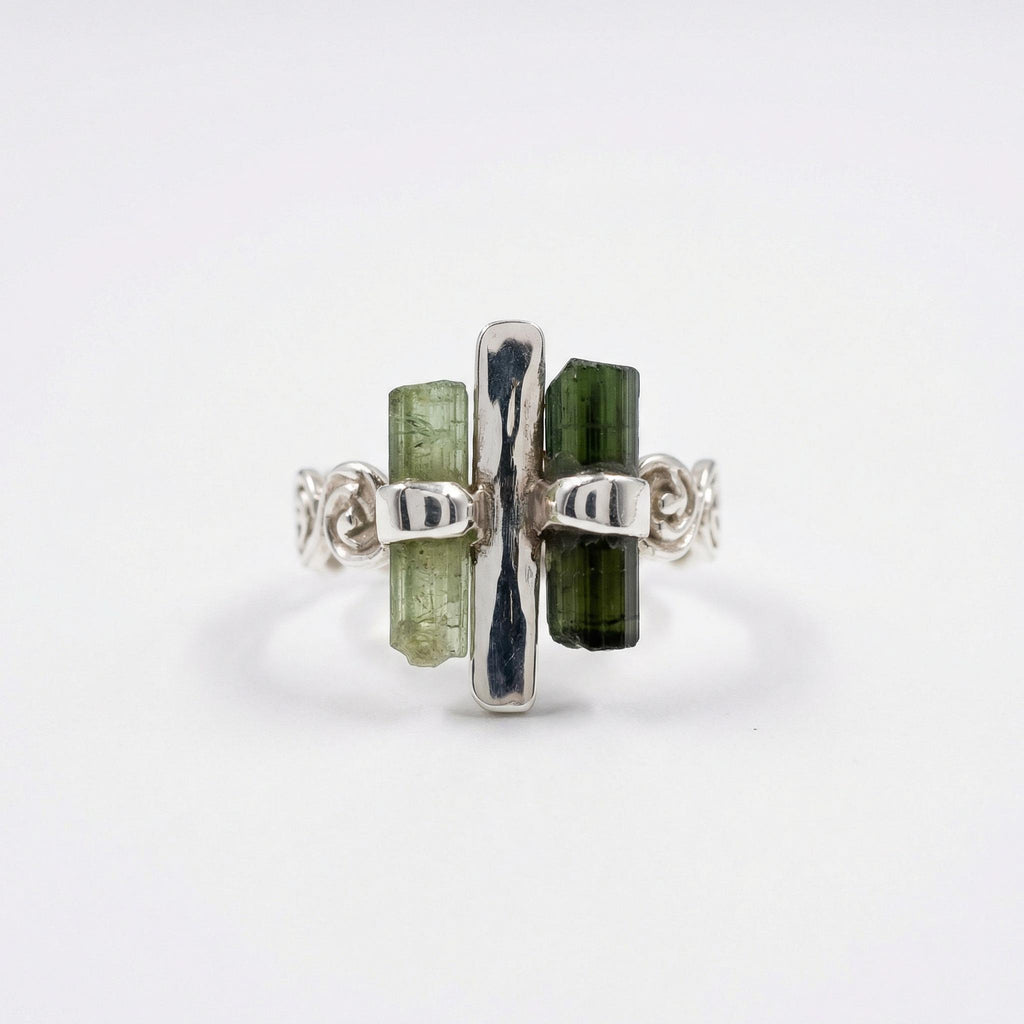 Raw Green Tourmaline Bar Ring: Adjustable Sterling Silver Boho Jewelry