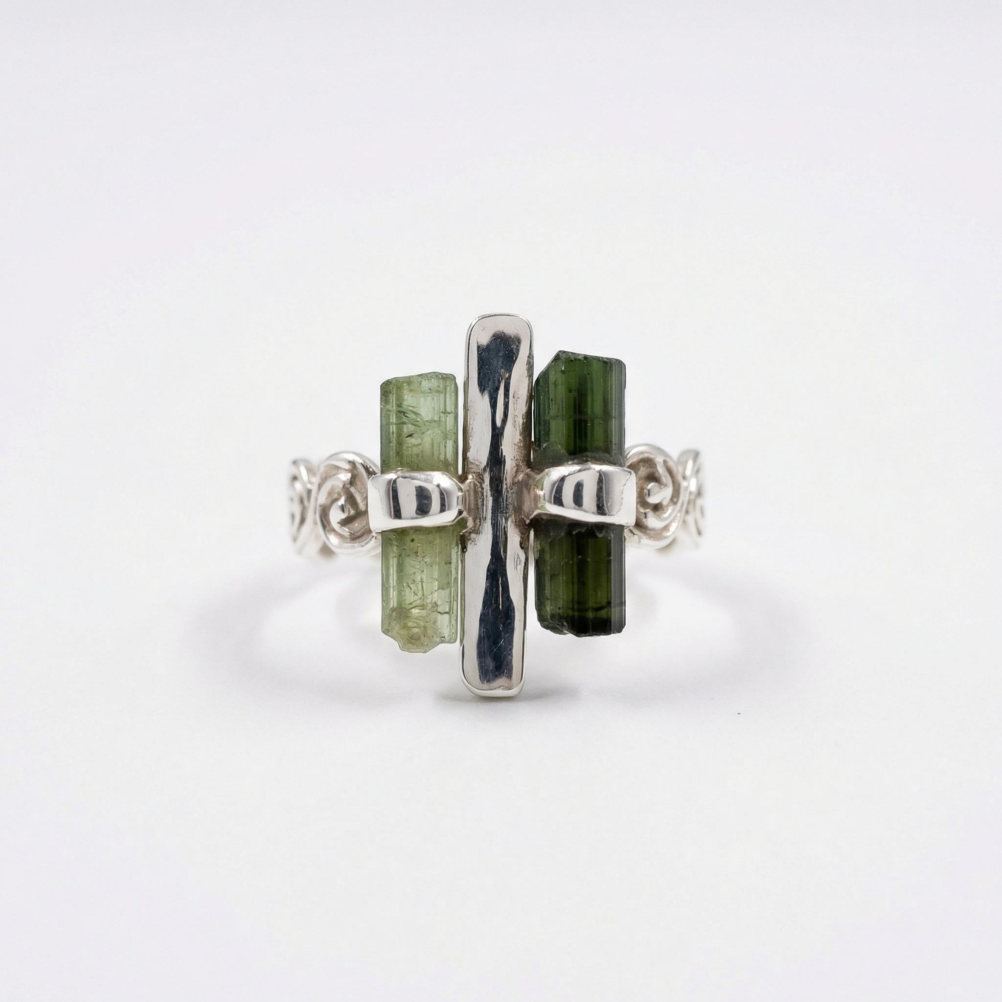 Raw Green Tourmaline Bar Ring: Adjustable Sterling Silver Boho Jewelry