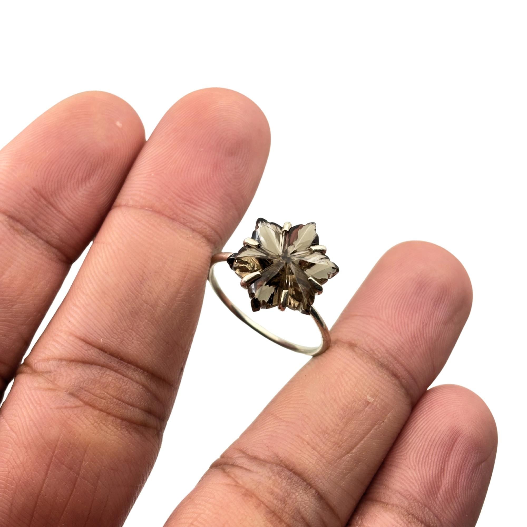 Smoky Quartz Flower Ring: 925 Sterling Silver, Hand-Carved Floral Jewelry