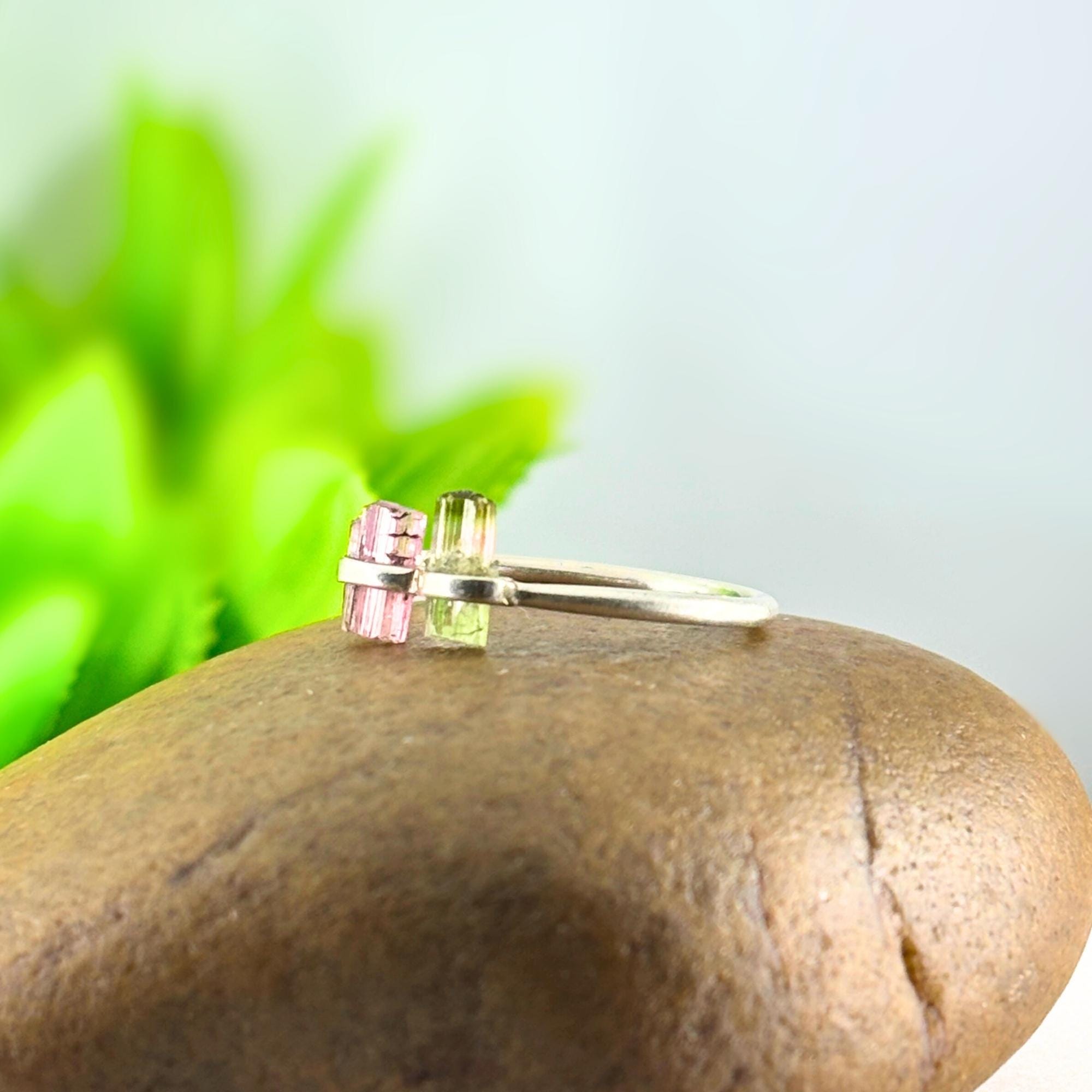Watermelon Tourmaline Bar Sterling Silver Ring | Raw Gemstone Stacking Ring | Handmade Minimalist Statement Jewelry
