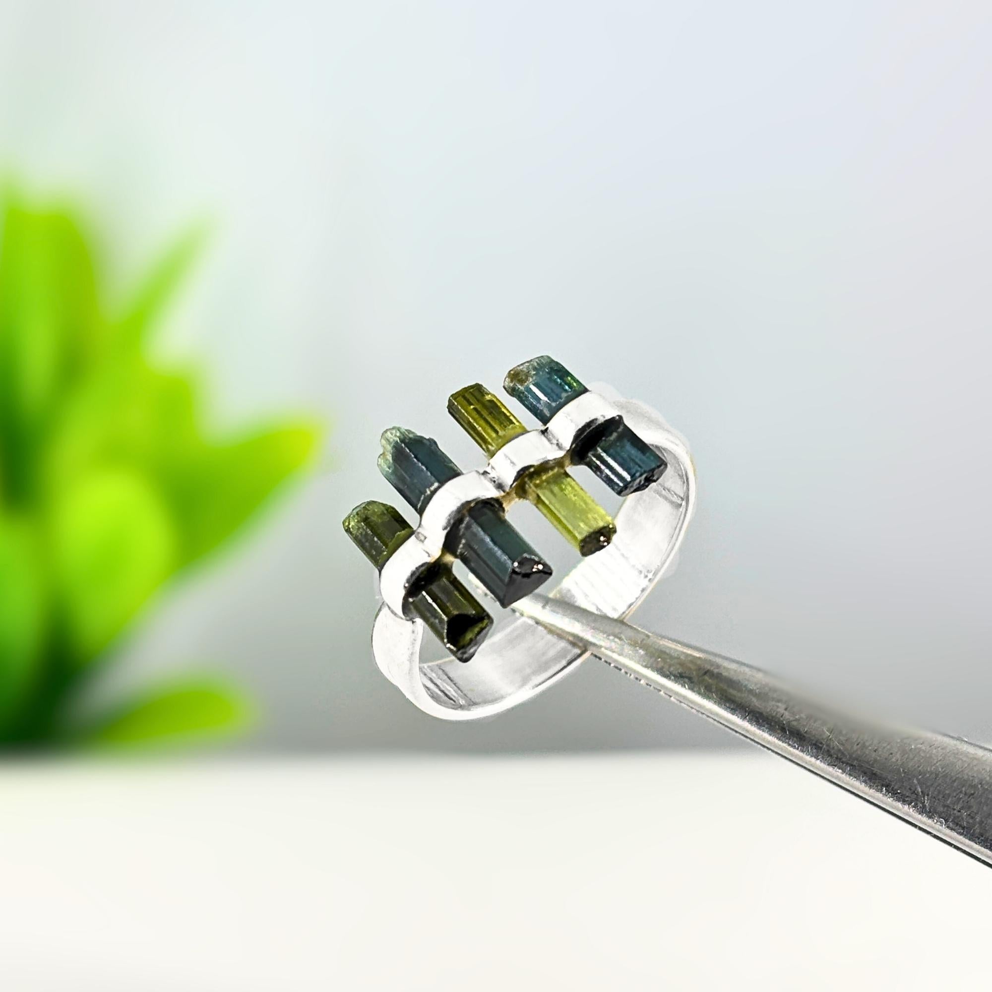 Raw Green Tourmaline Bar Ring: Sterling Silver October Birthstone