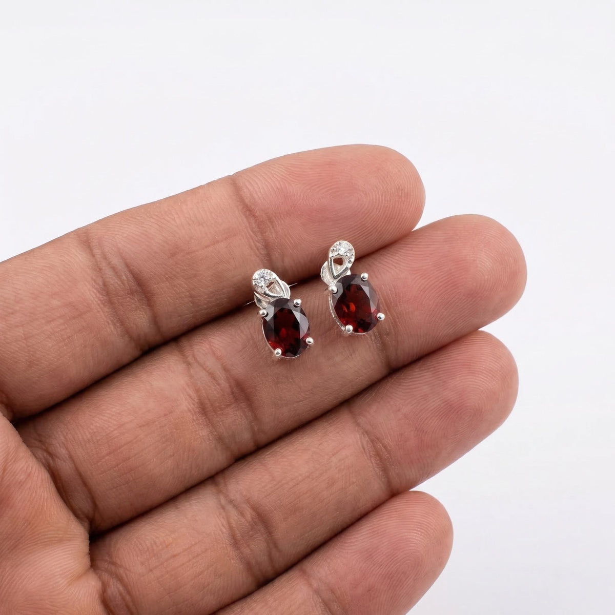 Garnet Stud Earrings 925 Sterling Silver | Oval Gemstone Studs | January Birthstone | Minimalist Jewelry