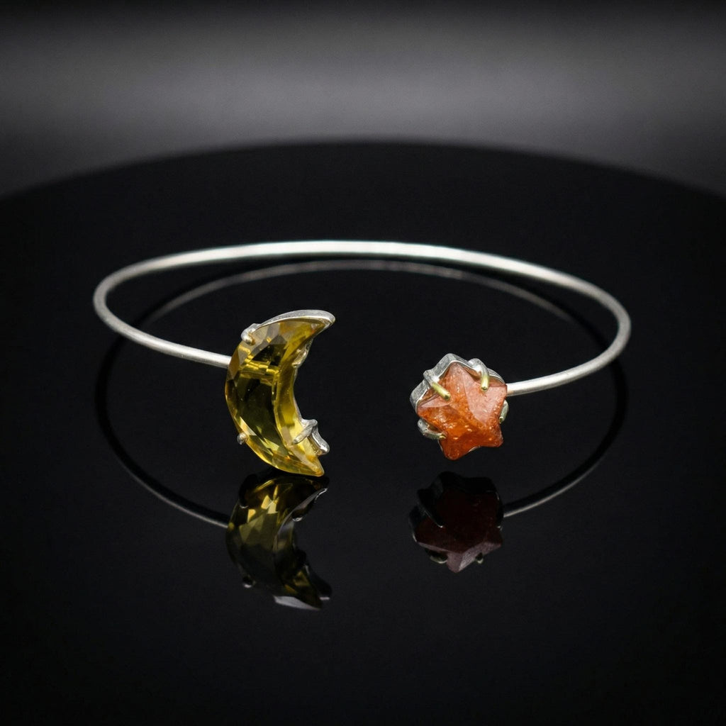 Lemon Topaz Sunstone Moon Star Bracelet | Sterling Silver Celestial Cuff Bangle