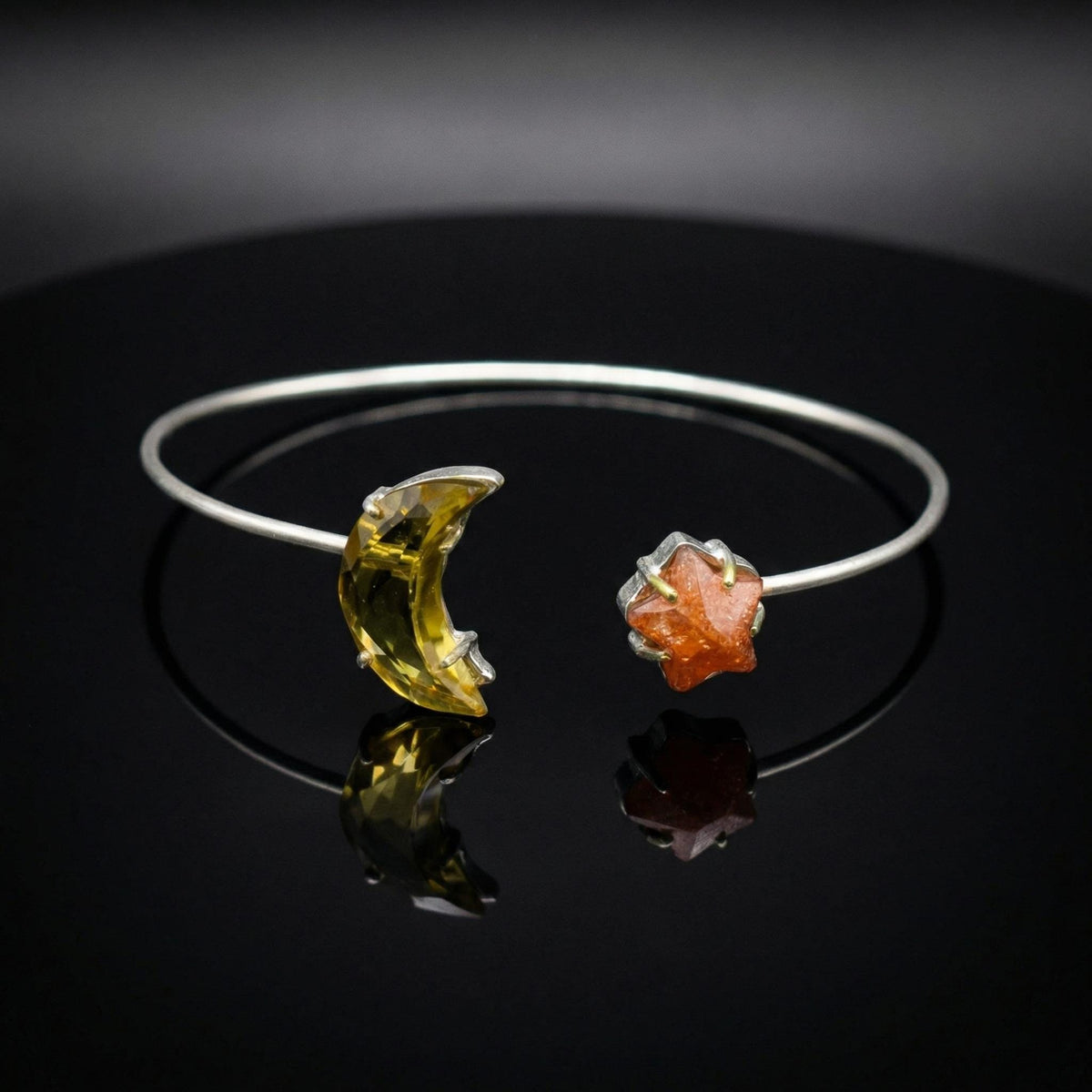 Lemon Topaz Sunstone Moon Star Bracelet | Sterling Silver Celestial Cuff Bangle