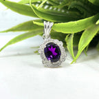 Amethyst CZ Halo Pendant in 925 Sterling Silver – Vintage Style Oval Purple Gemstone Necklace, February Birthstone Jewelry Gift for Her