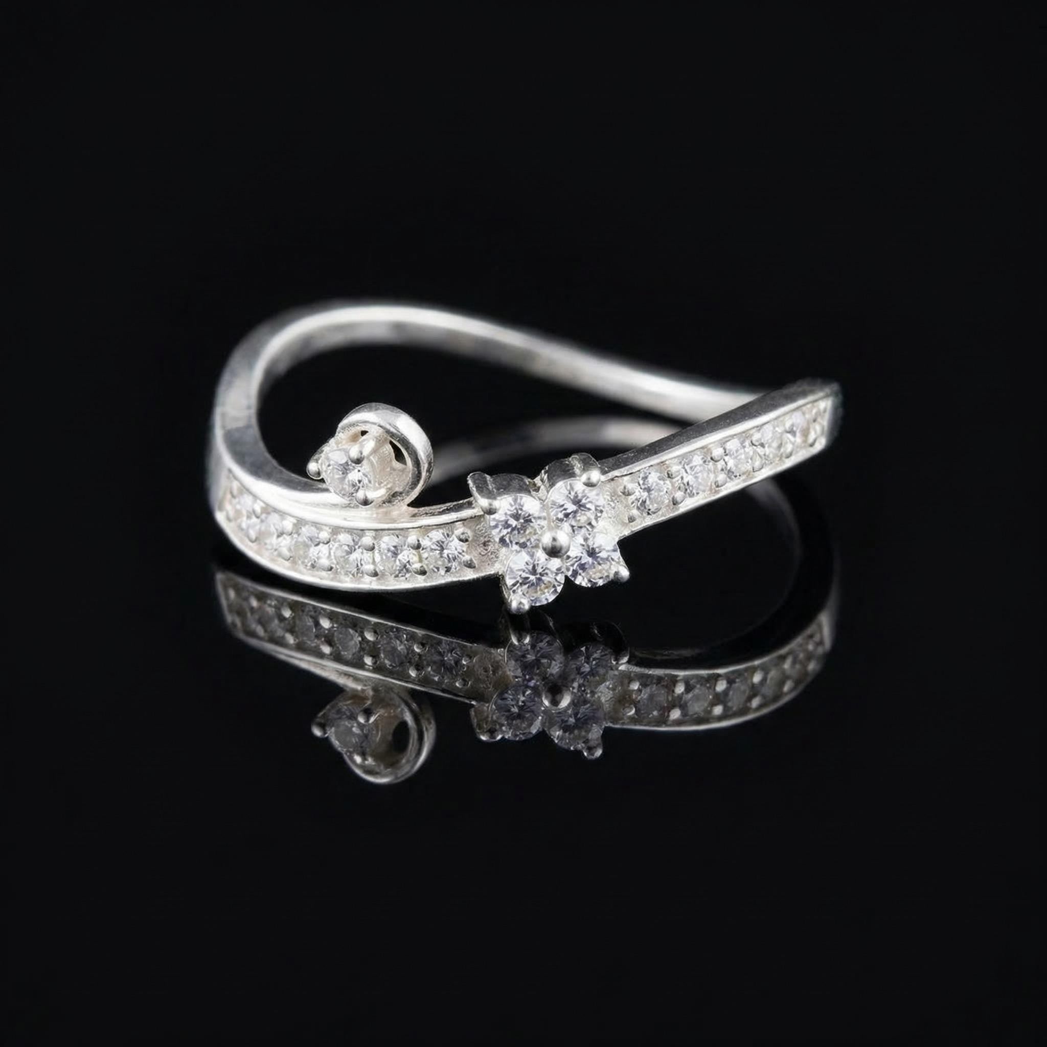 Sterling Silver Flower Wave Ring with CZ Accents – Boho Floral Promise Band