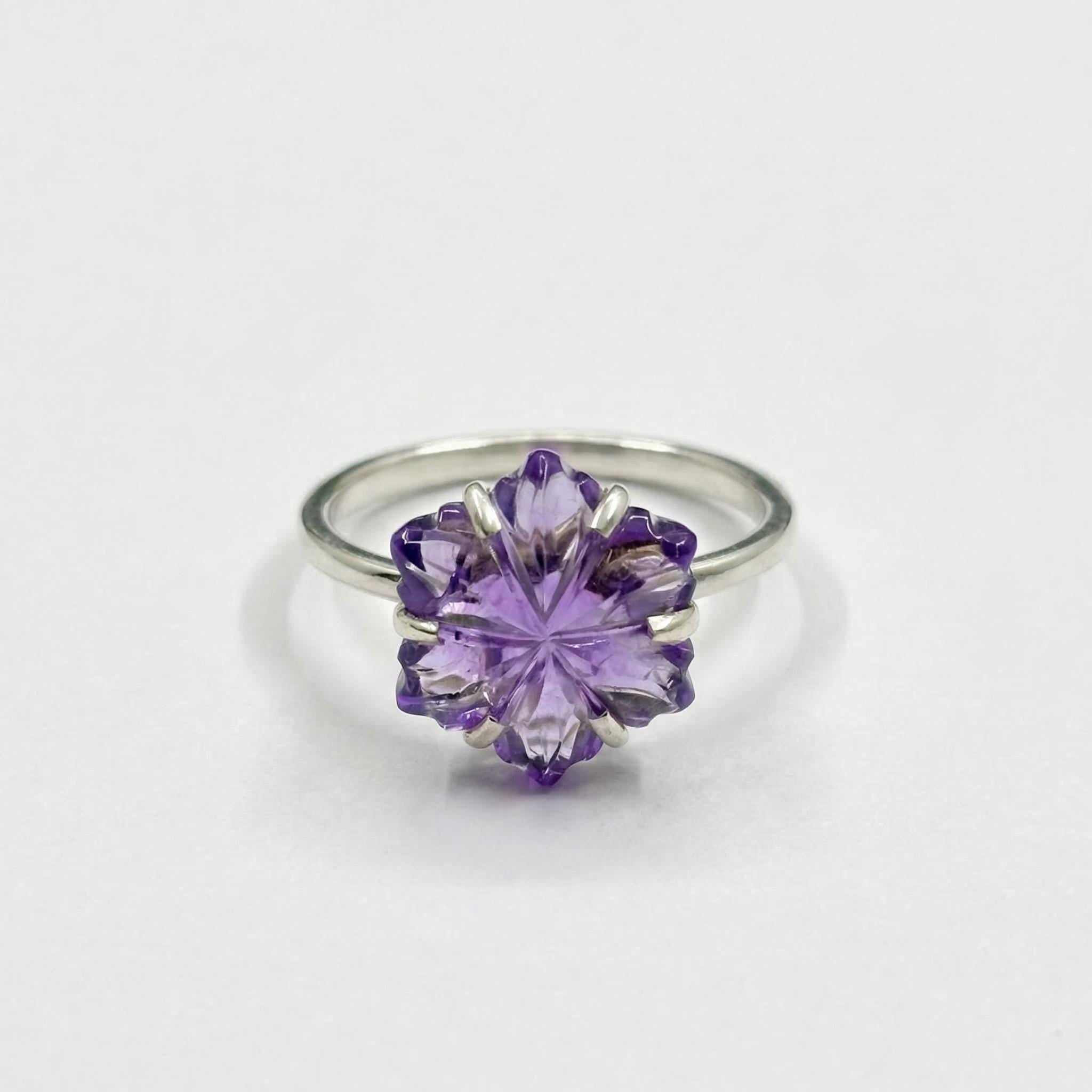 Amethyst Flower Ring: Carved Gemstone, 925 Sterling Silver, Boho Floral