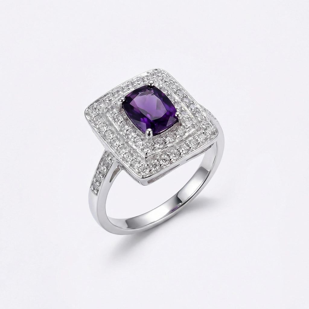Amethyst CZ Halo Ring: Sterling Silver & Cubic Zirconia