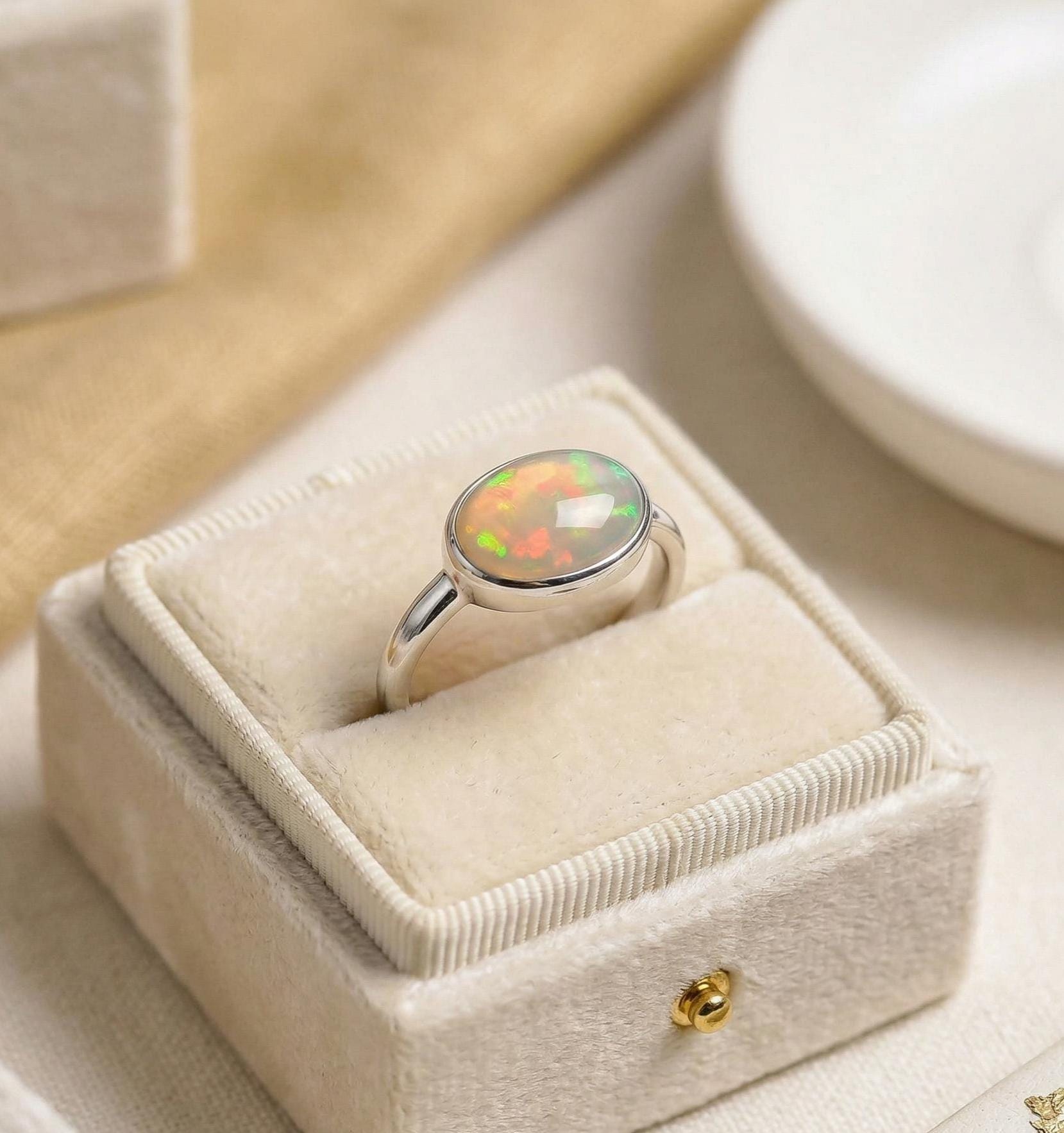 Opal Oval Ring – 925 Sterling Silver, Natural Opal Cabochon, Handmade Statement Jewelry