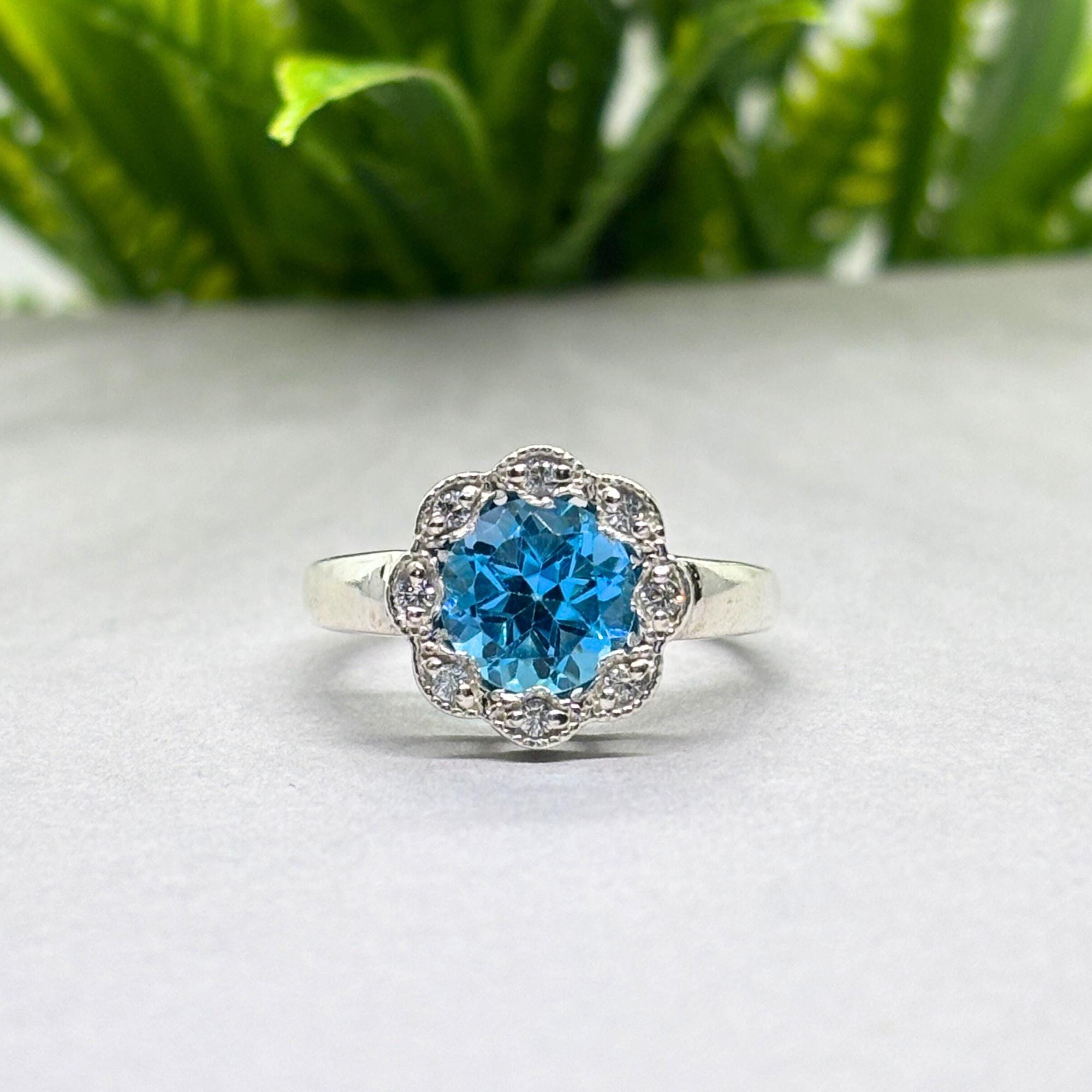 Natural Topaz & CZ Ring | 925 Sterling Silver | Floral Gemstone Band | Handmade Jaipur