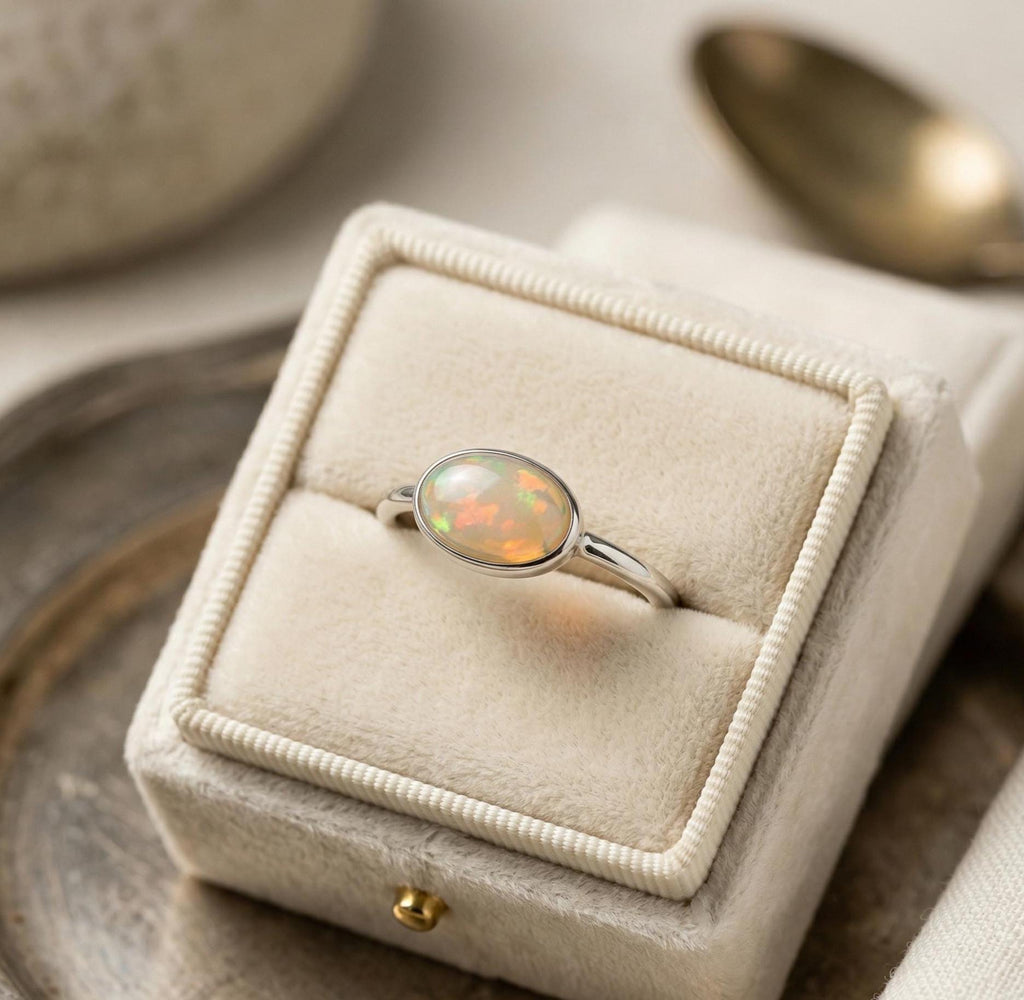 Opal Oval Ring – 925 Sterling Silver, Natural Opal Cabochon, Handmade Statement Jewelry