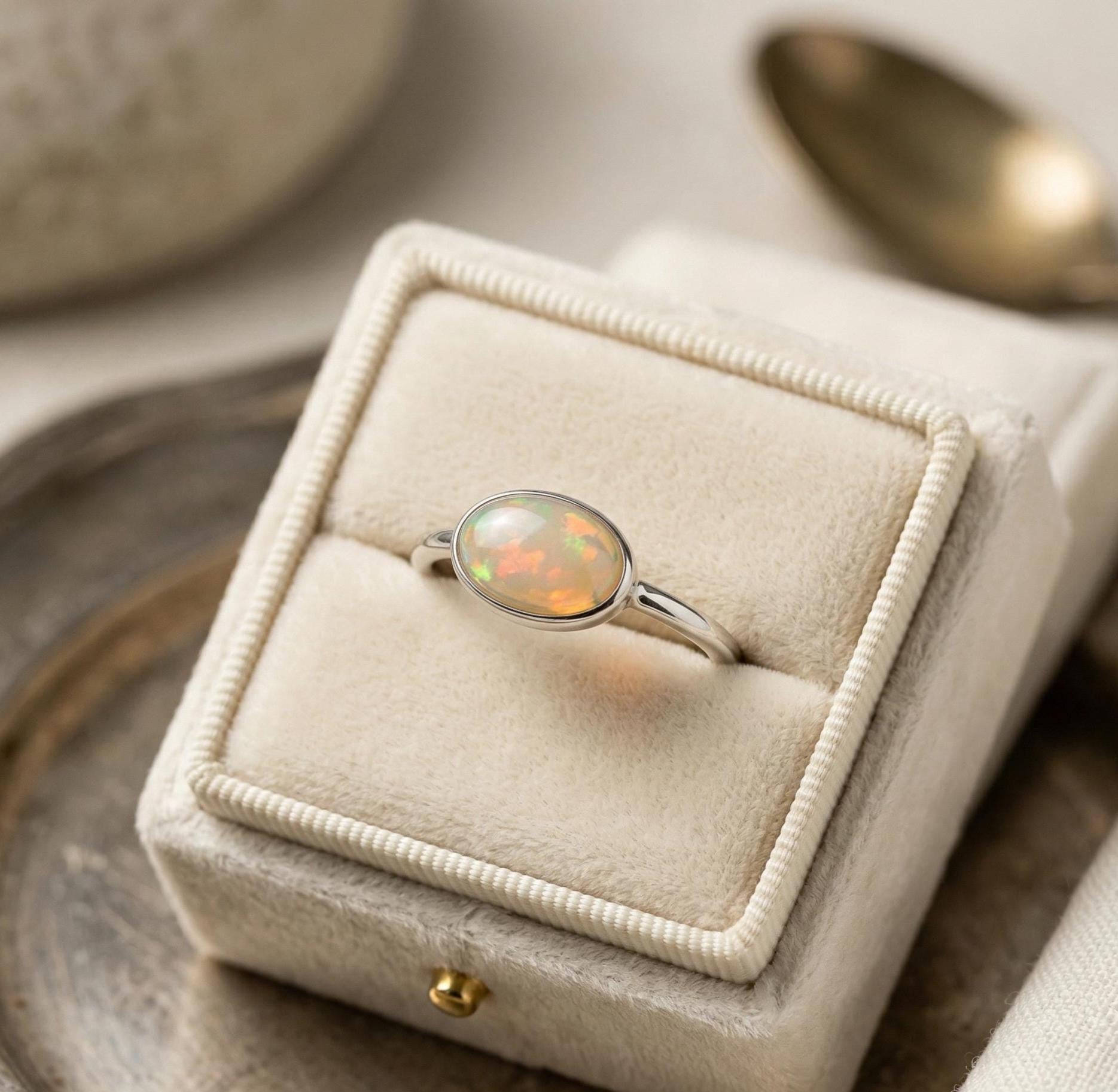 Opal Oval Ring – 925 Sterling Silver, Natural Opal Cabochon, Handmade Statement Jewelry