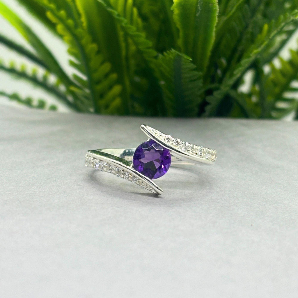 Natural Amethyst & CZ Ring | 925 Sterling Silver | Gemstone Band | Handmade Jaipur