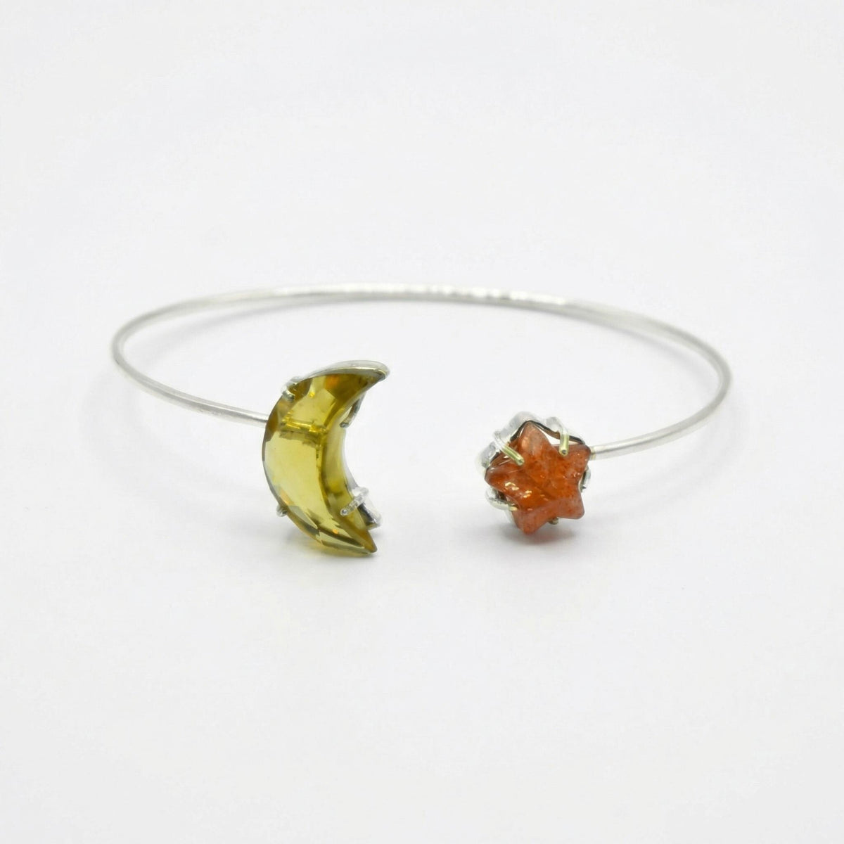 Lemon Topaz Sunstone Moon Star Bracelet | Sterling Silver Celestial Cuff Bangle