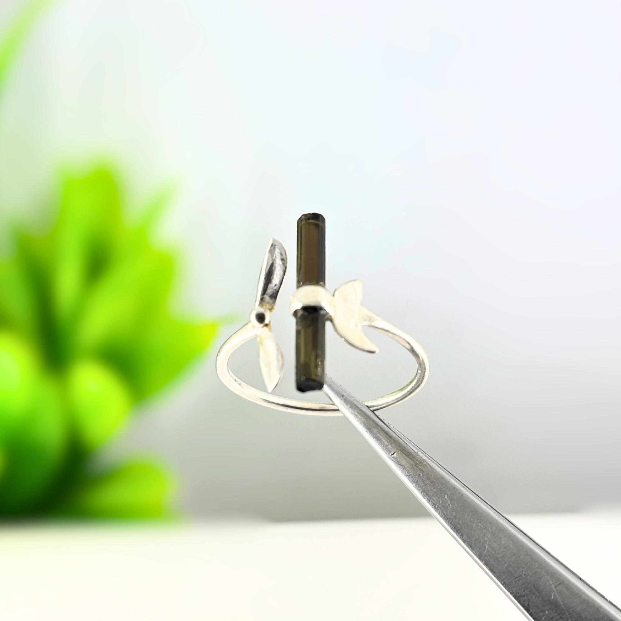 Raw Green Tourmaline Bar Ring: Adjustable Sterling Silver Boho Jewelry