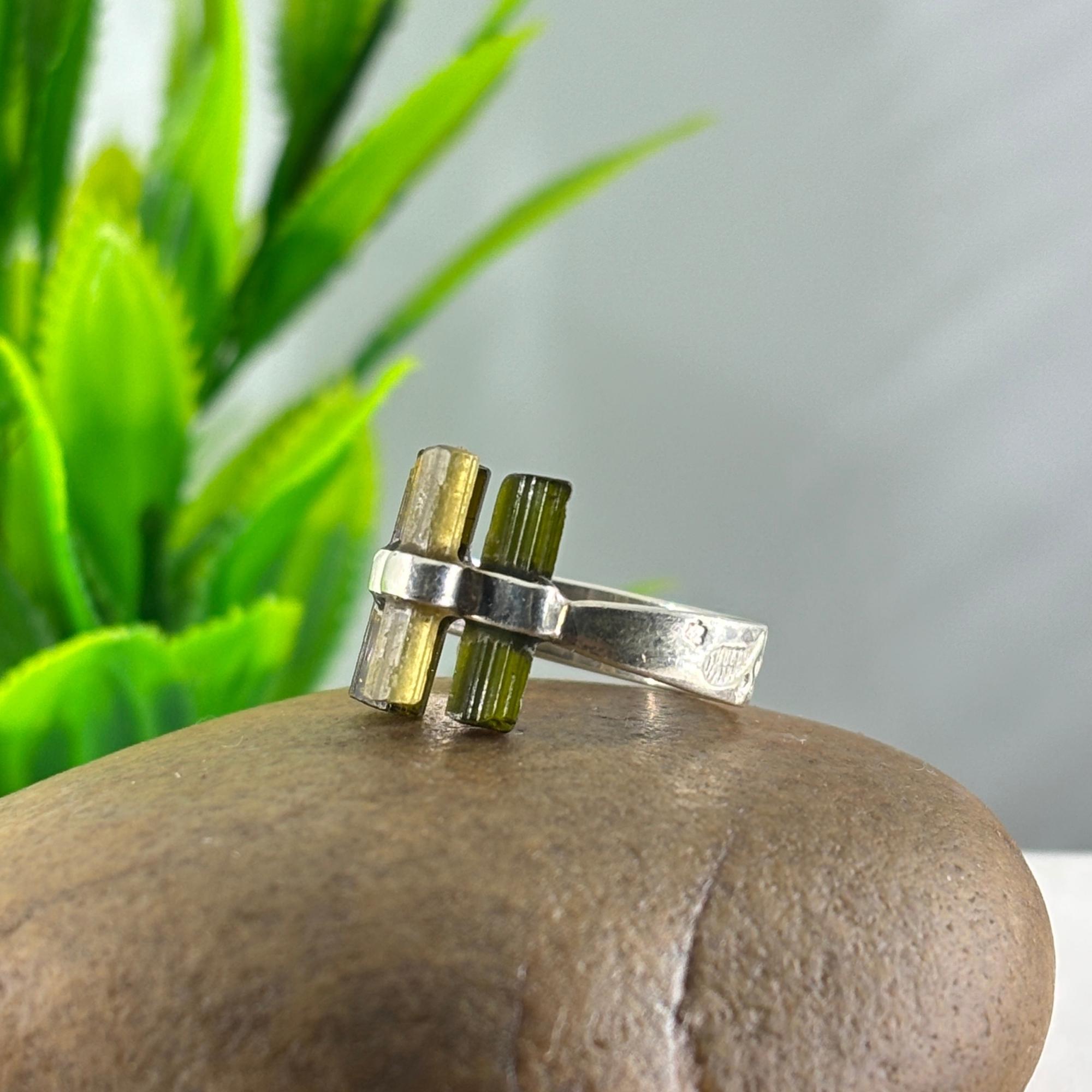 Raw Green Tourmaline Cluster Ring: Sterling Silver Boho Statement Jewelry