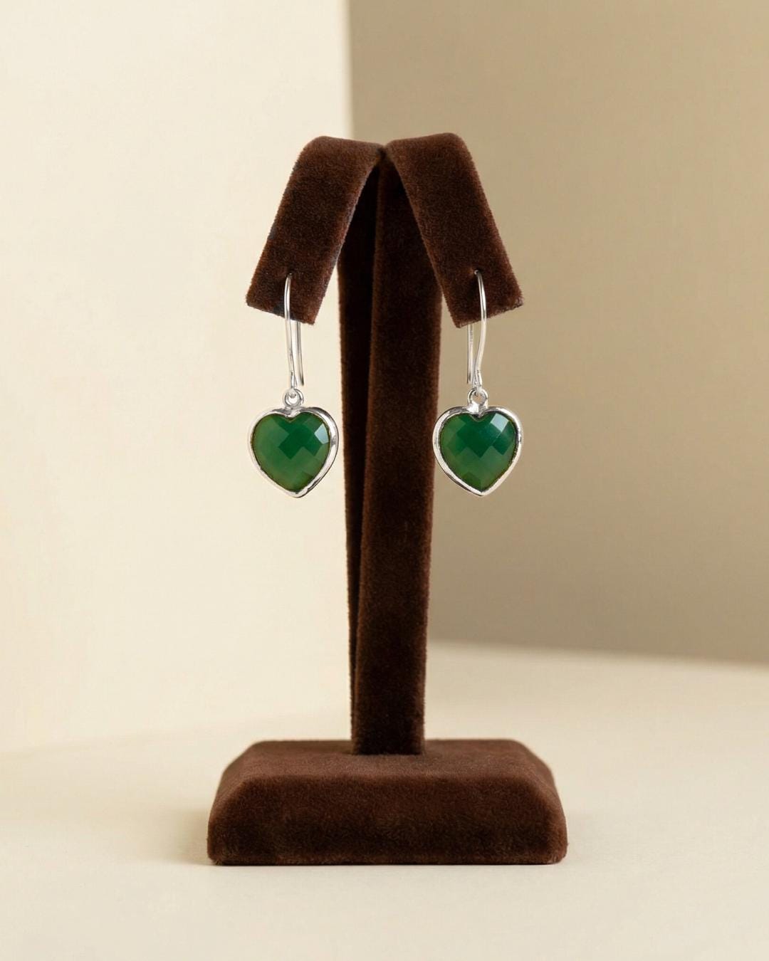 Green Onyx Heart Drop Earrings | 925 Sterling Silver Dangle Gemstone